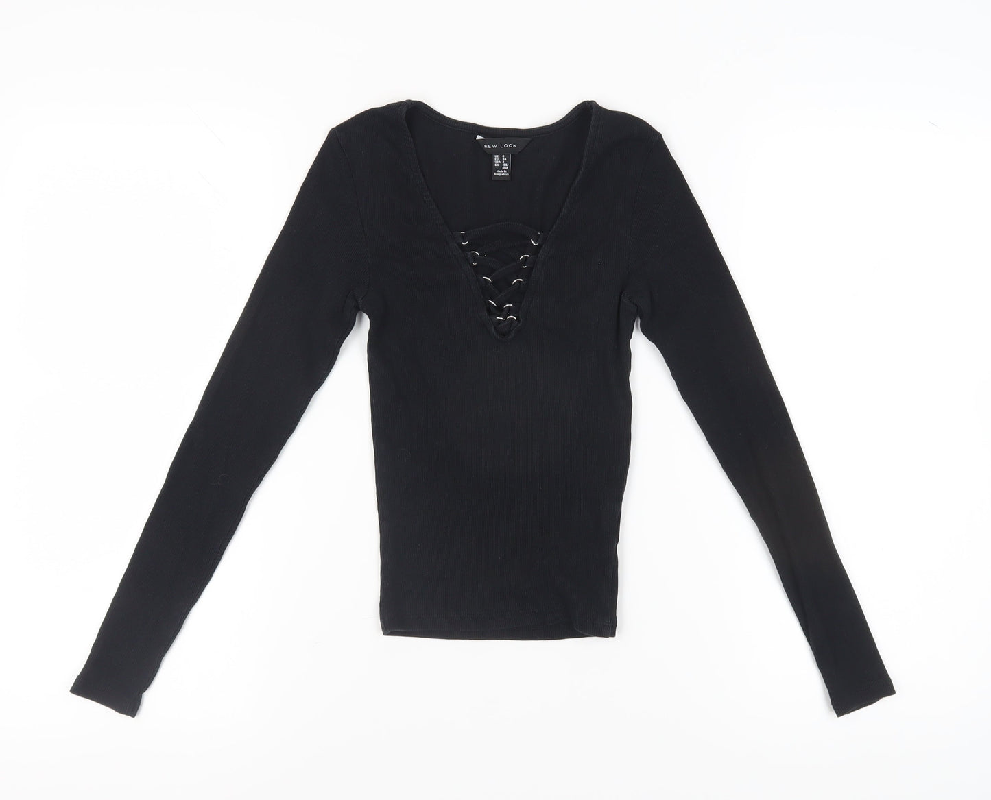 New Look Women's Black Lace-Up V-Neck Long Sleeve Top