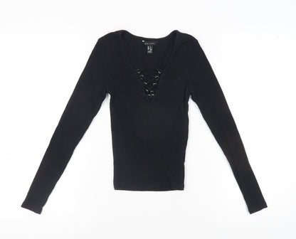 New Look Women's Black Lace-Up V-Neck Long Sleeve Top