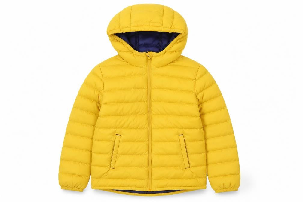 Front view of Mountain Warehouse Yellow boys’ hooded puffer jacket 2-3 years
