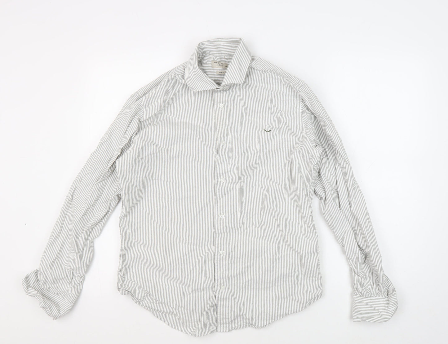 Boston Men's Slim-Fit Grey Striped Button-Up Shirt M