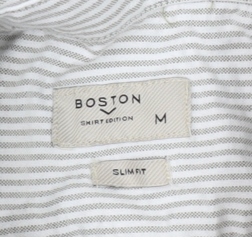 Boston Men's Slim-Fit Grey Striped Button-Up Shirt M