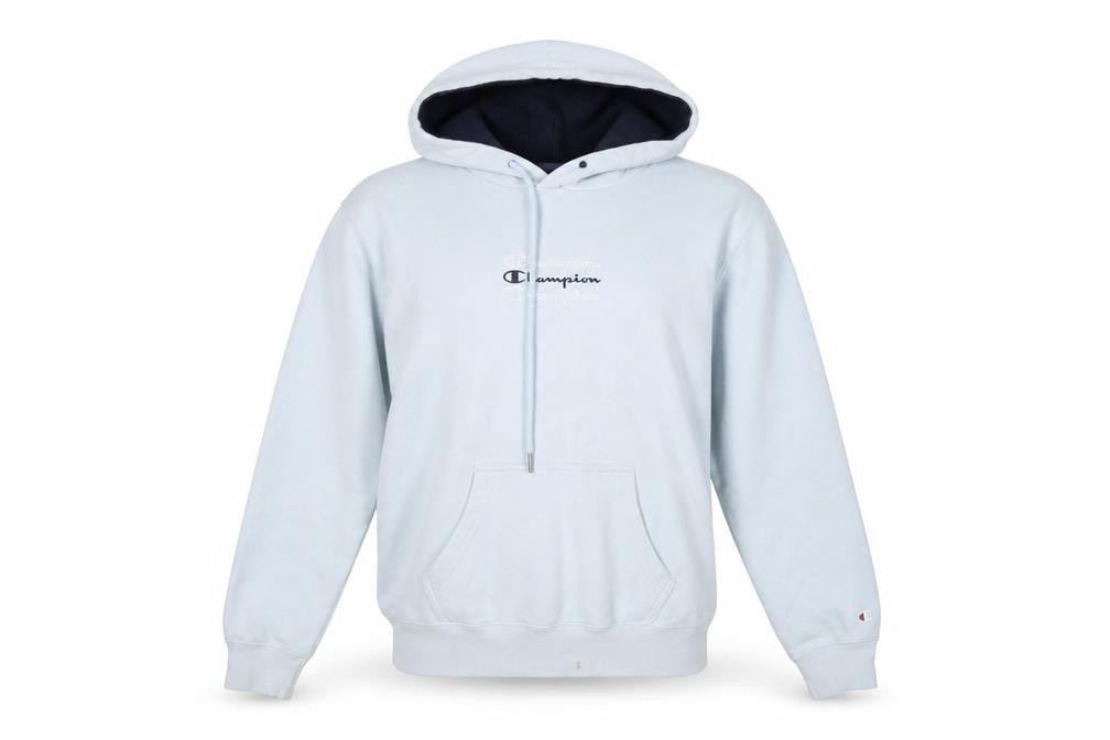 Front view of Champion Blue unisex xs pullover hoodie