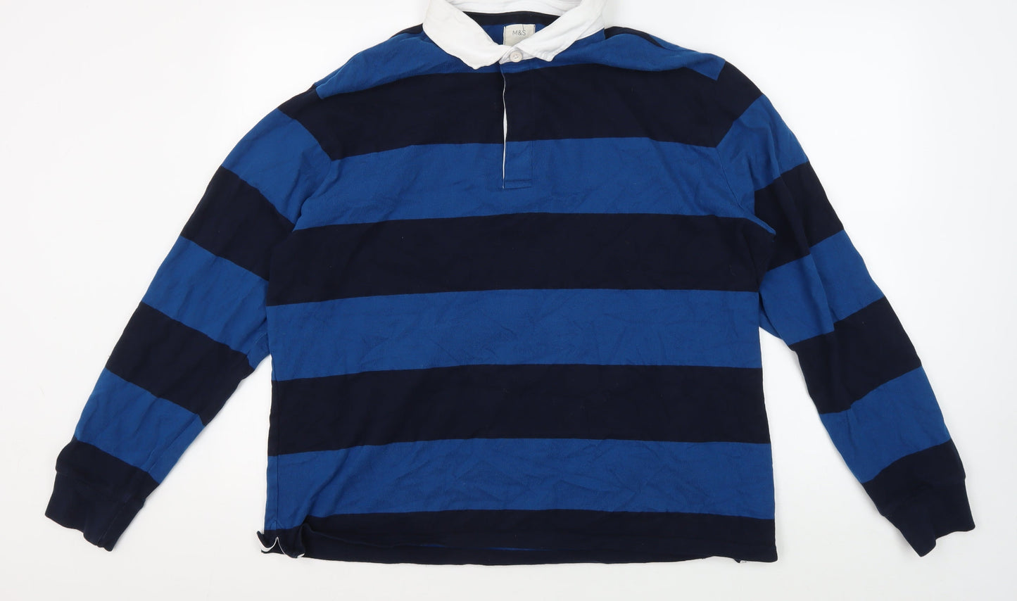 Marks and Spencer Men's Blue XL Striped Long Sleeve Polo