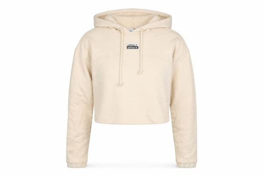 Front view of Adidas Women Beige Crop Hoodie, size S, Cotton, Logo