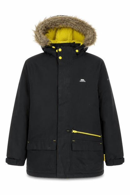 Front view of Trespass boys’ black waterproof parka jacket 11-12 years