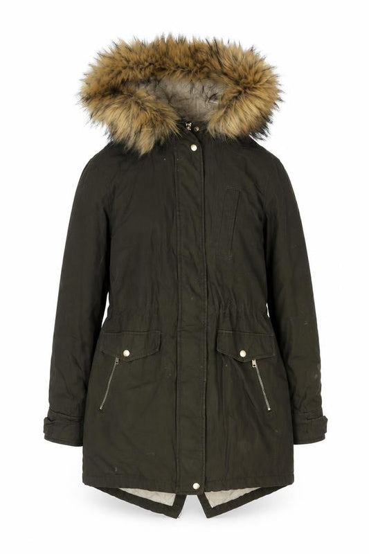 New Look Women's Parka with Fur Trim Hood, Size 12, Green