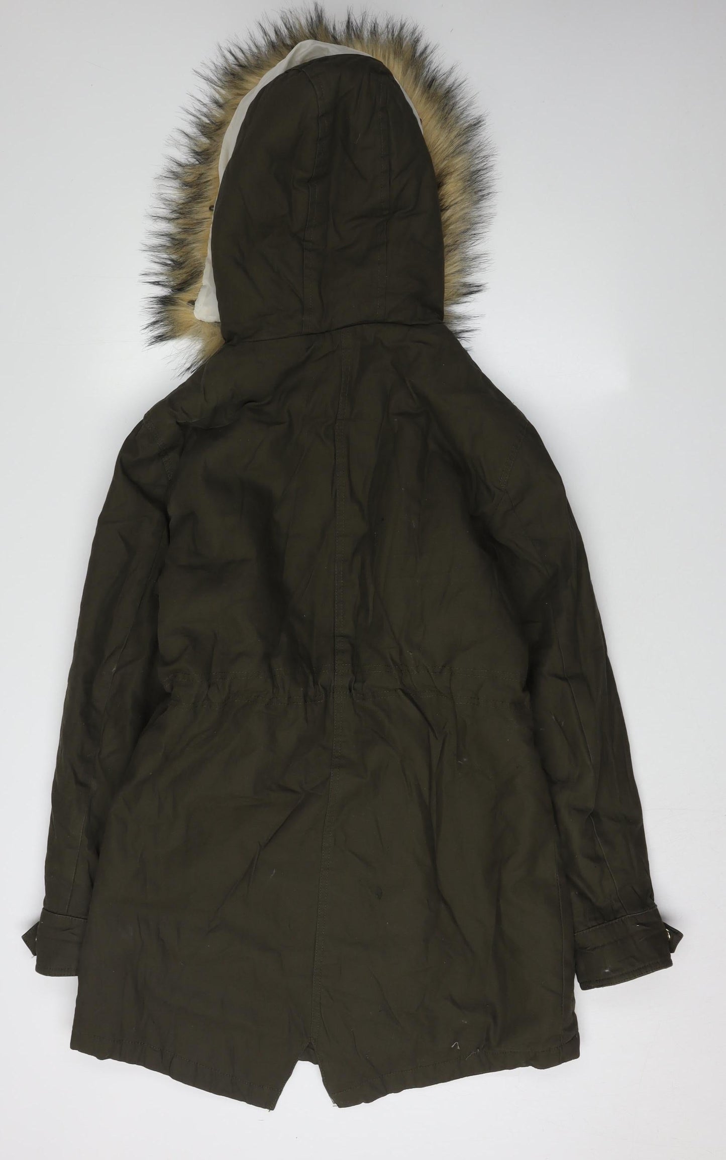 New Look Women's Parka with Fur Trim Hood, Size 12, Green