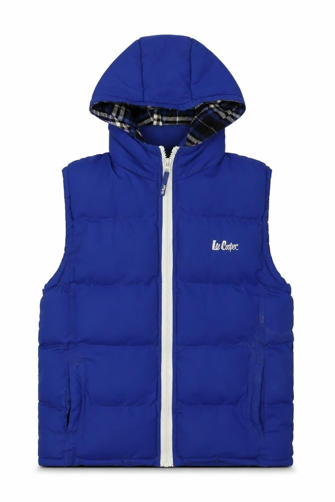 Front view of Lee Cooper boys’' blue hooded bodywarmer jacket 11-12 years