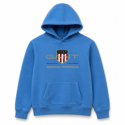 Front view of GANT boys’ blue logo pullover hoodie, size 13-14, years