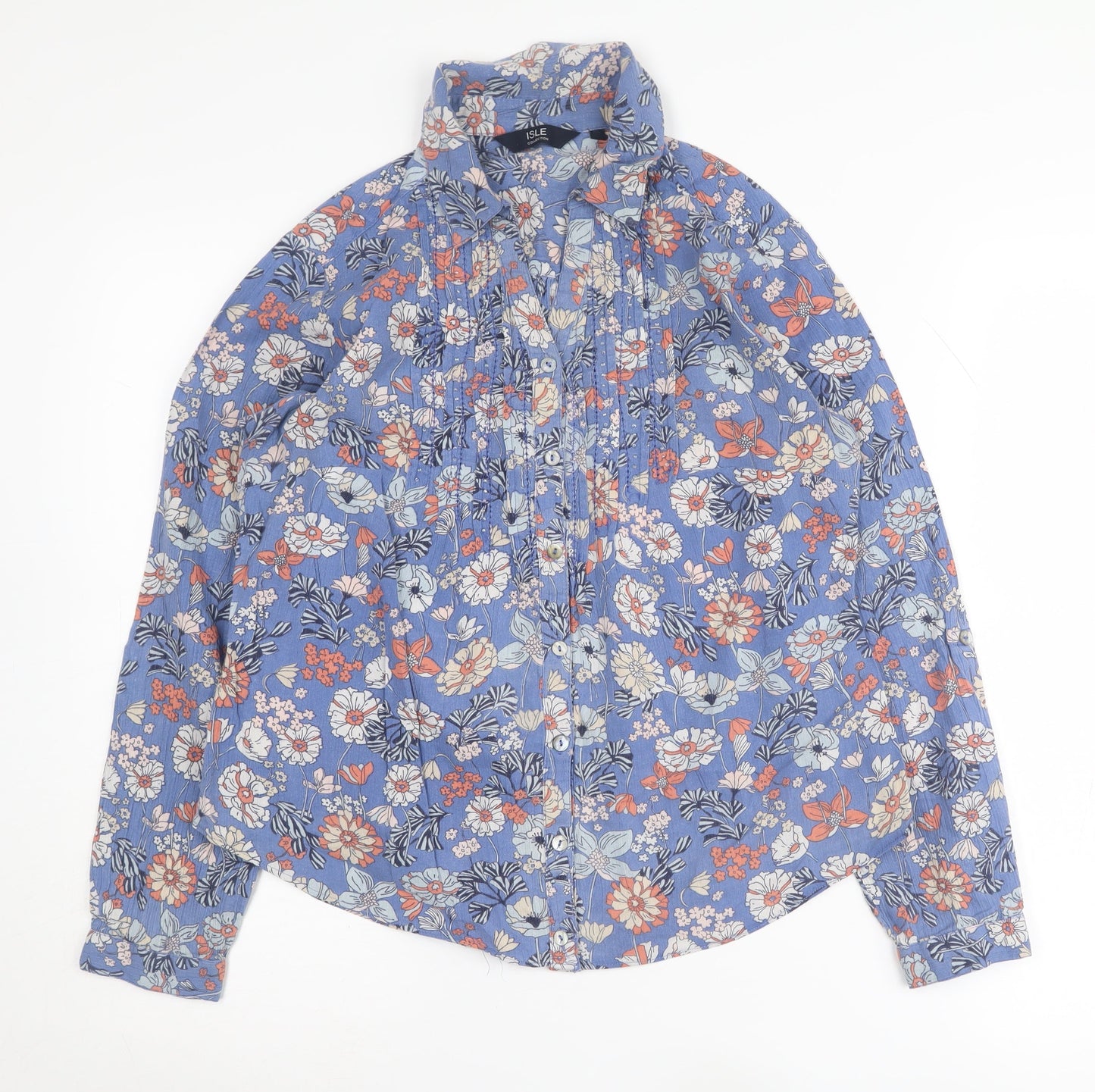 Isle Women's Blue Floral Cotton Blouse, Size 10