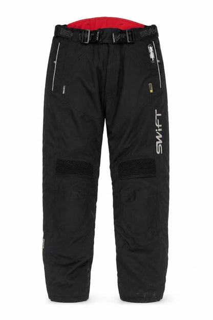Front view of SWIFT unisex black s snow pants with buckle closure