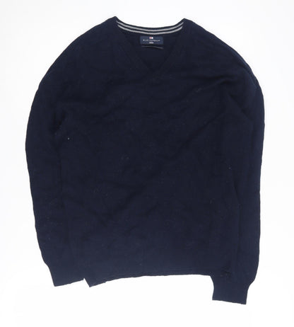 Marks and Spencer Men's Blue Wool V-Neck Jumper Small
