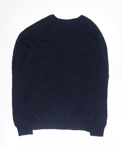 Marks and Spencer Men's Blue Wool V-Neck Jumper Small