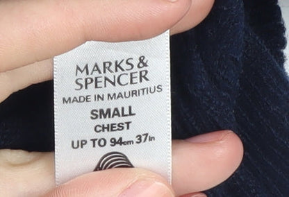 Marks and Spencer Men's Blue Wool V-Neck Jumper Small