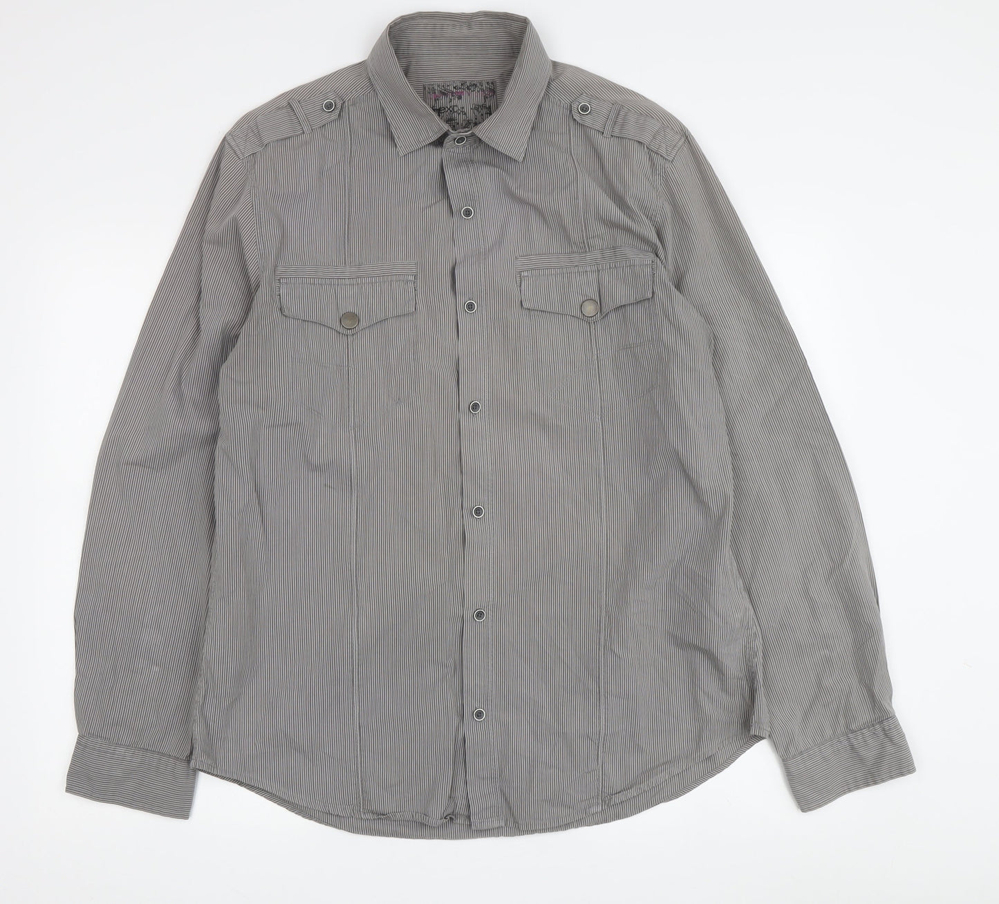 Men's Next Grey Striped Button-Up Cotton Shirt
