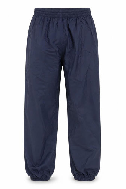 Front view of Quechua boys’ blue rain trousers, size 12, for hiking