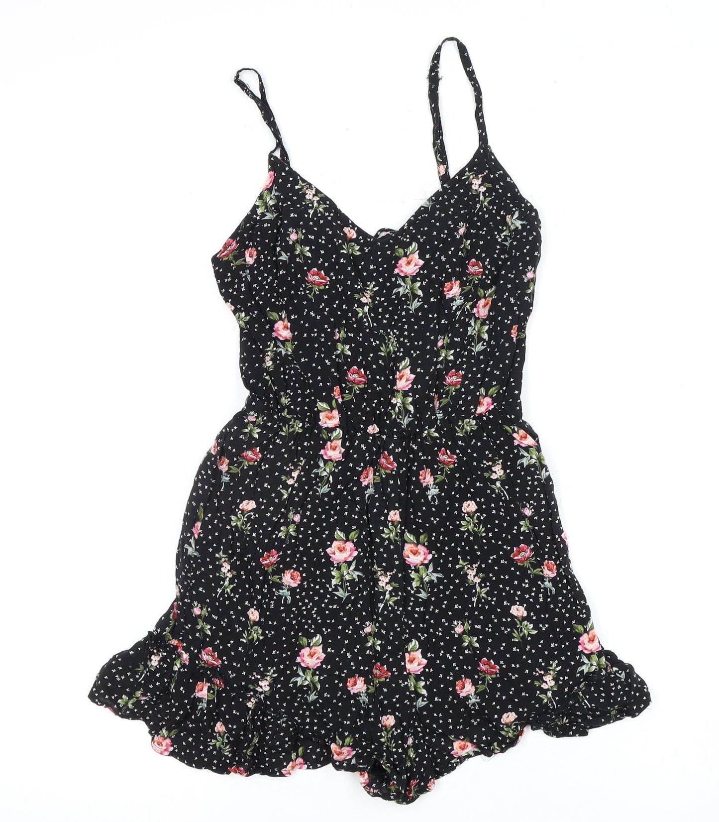 Bershka Women's Black Floral 2XS Playsuit Ruffle Sleeveless