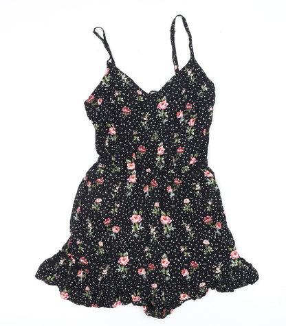 Bershka Women's Black Floral 2XS Playsuit Ruffle Sleeveless