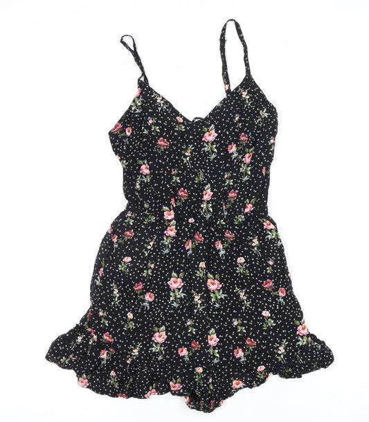 Bershka Women's Black Floral 2XS Playsuit Ruffle Sleeveless