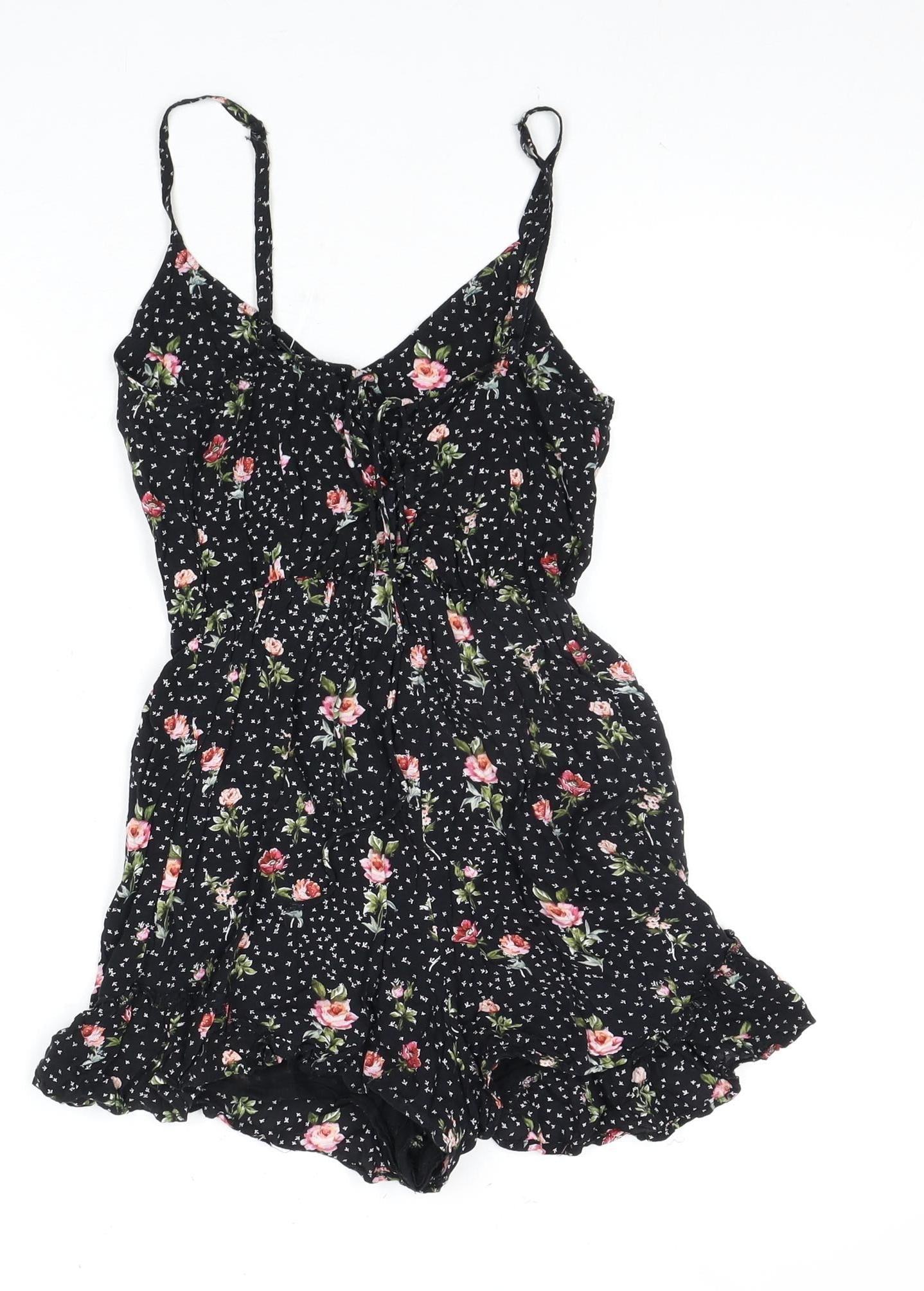 Bershka Women's Black Floral 2XS Playsuit Ruffle Sleeveless