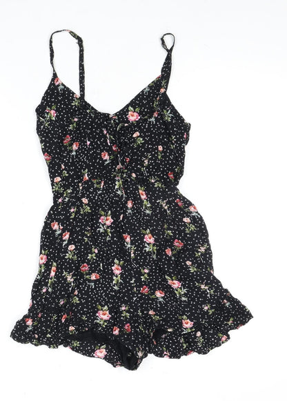 Bershka Women's Black Floral 2XS Playsuit Ruffle Sleeveless