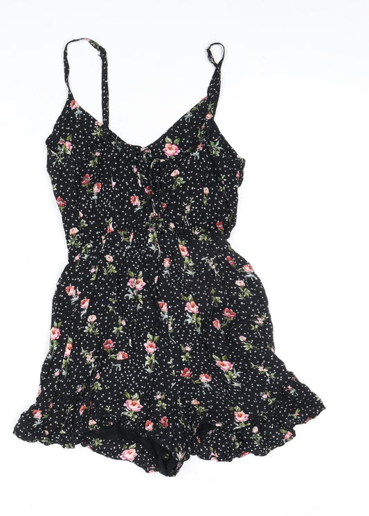 Bershka Women's Black Floral 2XS Playsuit Ruffle Sleeveless