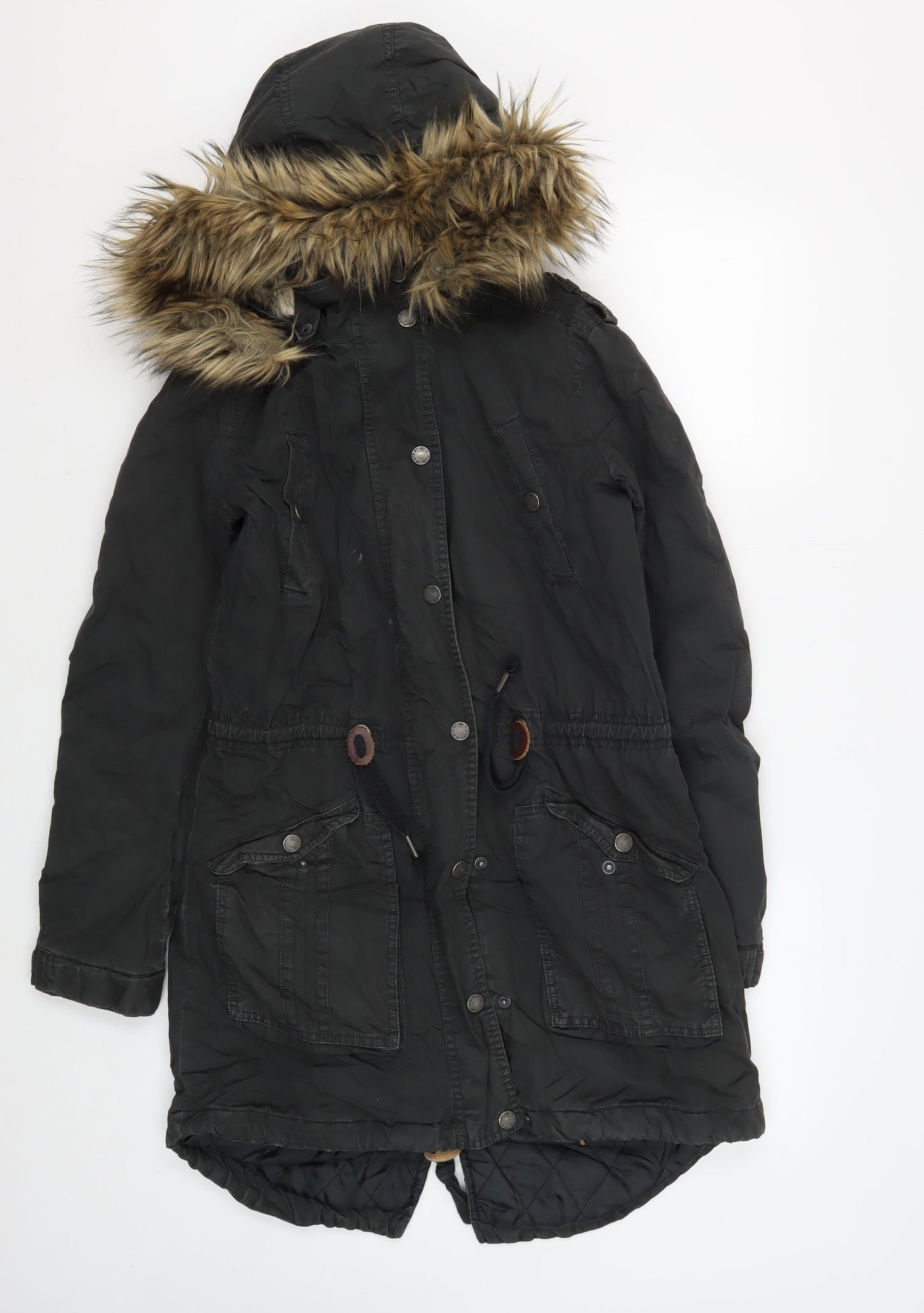 FatFace Women's Black Parka Coat Size 8 with Fur Trim