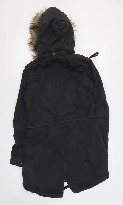 FatFace Women's Black Parka Coat Size 8 with Fur Trim