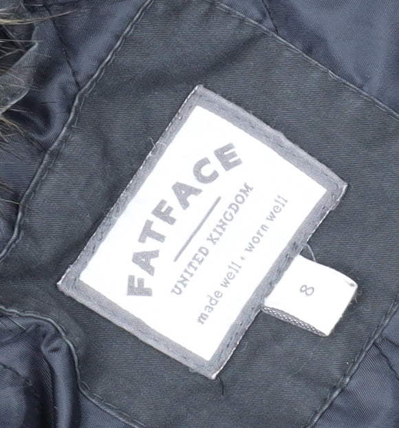 FatFace Women's Black Parka Coat Size 8 with Fur Trim