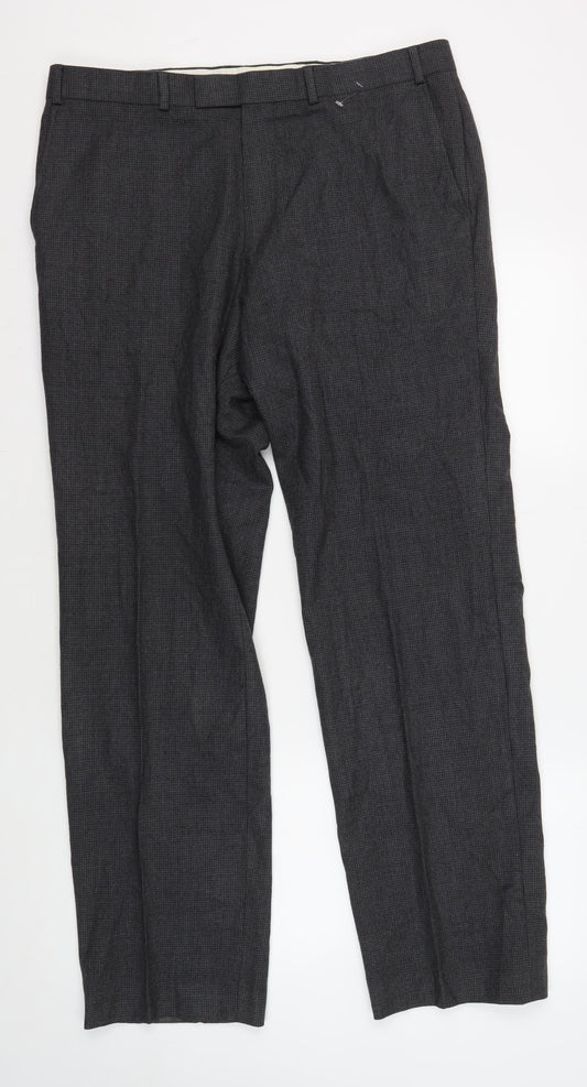 Marks and Spencer Men's Grey Wool Check Trousers, Size 36