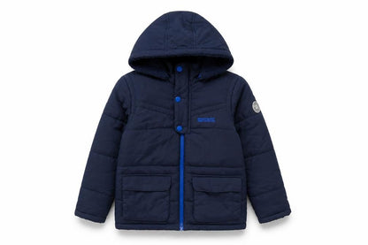 Front view of Regatta boys’ blue hooded puffer jacket, size 12, outdoor