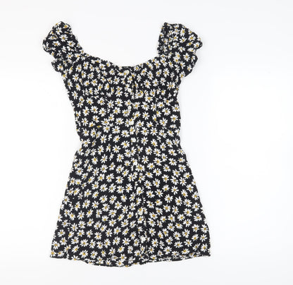 Bershka Women's Black Floral Puff Sleeve Mini Dress