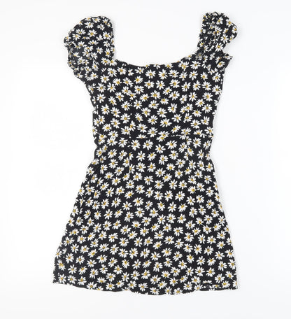 Bershka Women's Black Floral Puff Sleeve Mini Dress