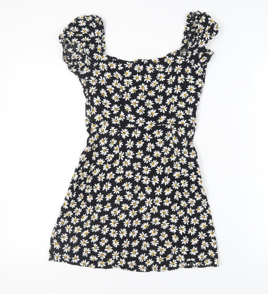 Bershka Women's Black Floral Puff Sleeve Mini Dress