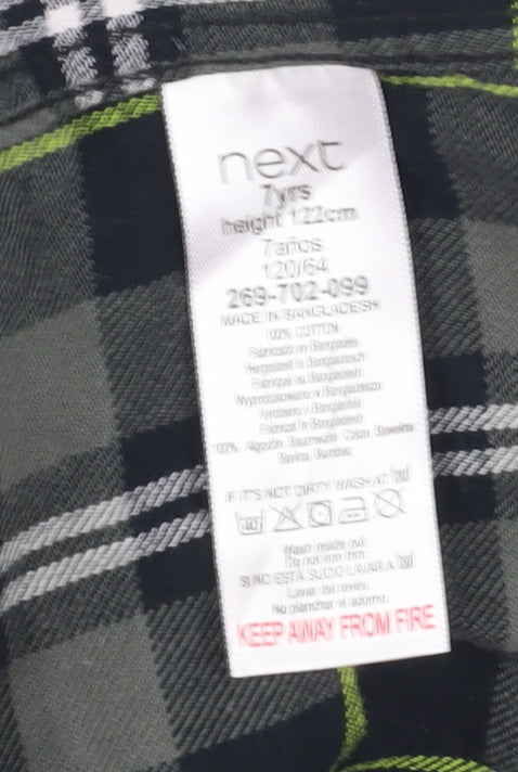 Next Boys Black Grey Plaid Button-Up Shirt, 7 Years