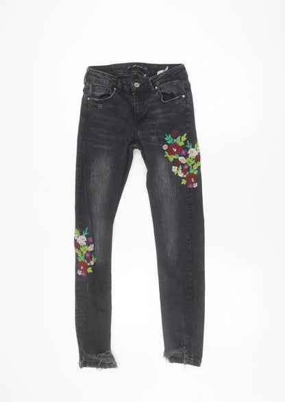 Zara Girls Black Floral Embroidered Skinny Jeans Size 6