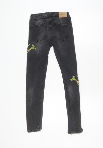 Zara Girls Black Floral Embroidered Skinny Jeans Size 6