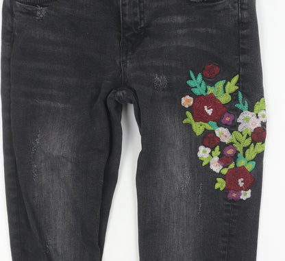 Zara Girls Black Floral Embroidered Skinny Jeans Size 6