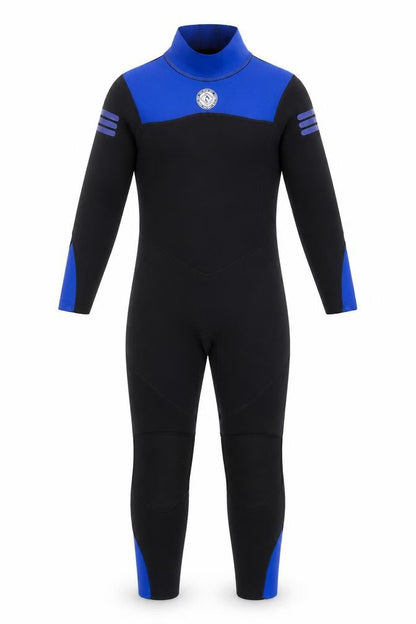 Front view of twobarefeet boys’ black/blue wetsuit -, size L, quick dry