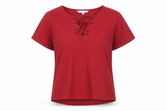 Front view of Red Herring Women's Red Cotton Lace Up T-Shirt, size 10