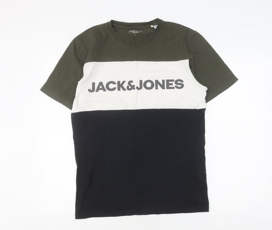 Jack & Jones Men's L Colourblock T-Shirt in Green, White, Black