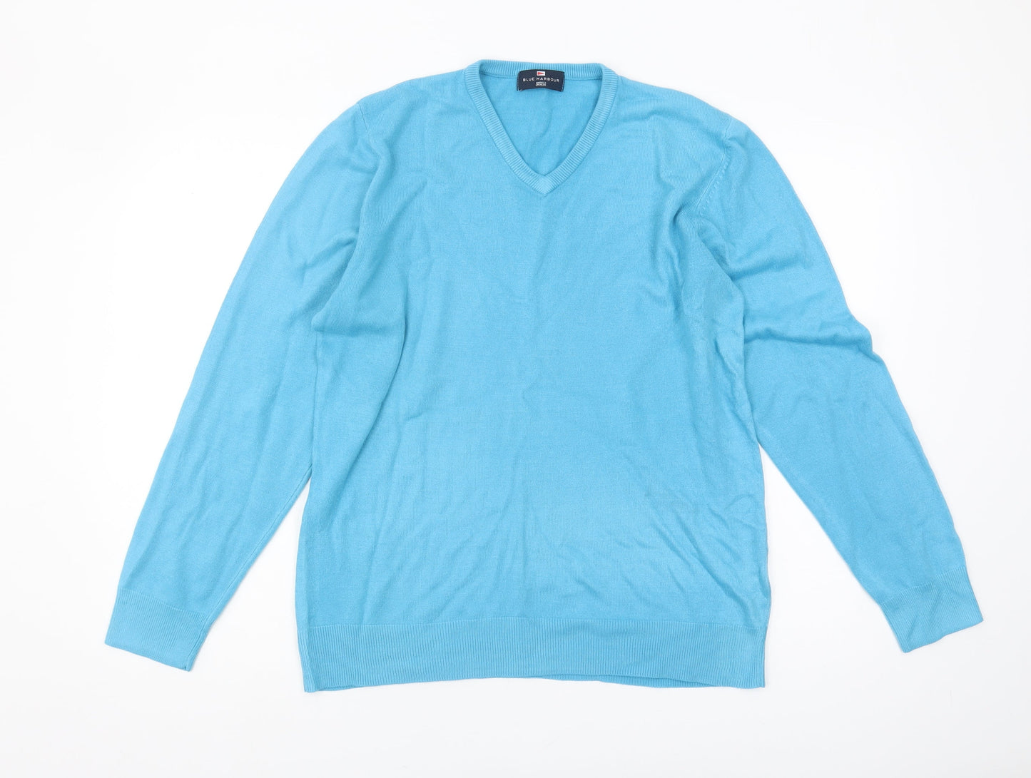 Marks and Spencer Men's Blue V-Neck Jumper - Medium