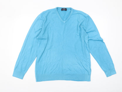 Marks and Spencer Men's Blue V-Neck Jumper - Medium