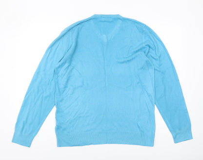 Marks and Spencer Men's Blue V-Neck Jumper - Medium