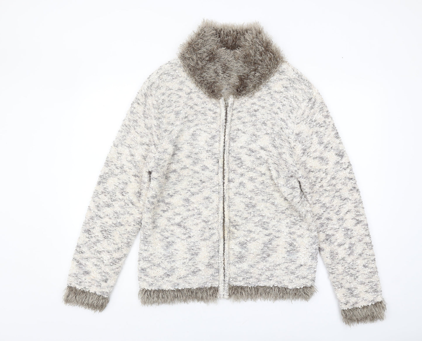 Elizabeth Scott Women's Ivory Cardigan L, Fur Trim