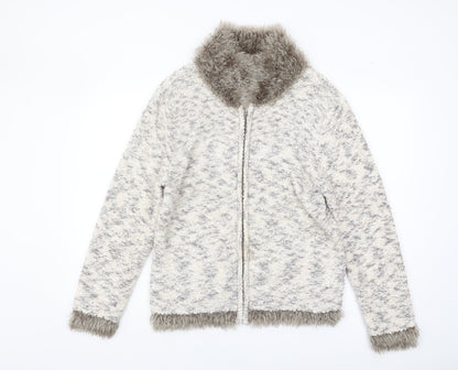 Elizabeth Scott Women's Ivory Cardigan L, Fur Trim