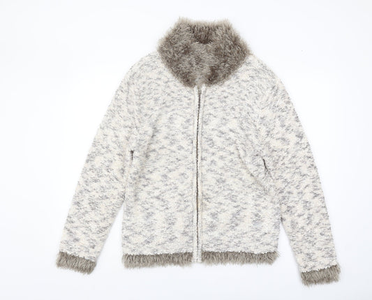 Elizabeth Scott Women's Ivory Cardigan L, Fur Trim