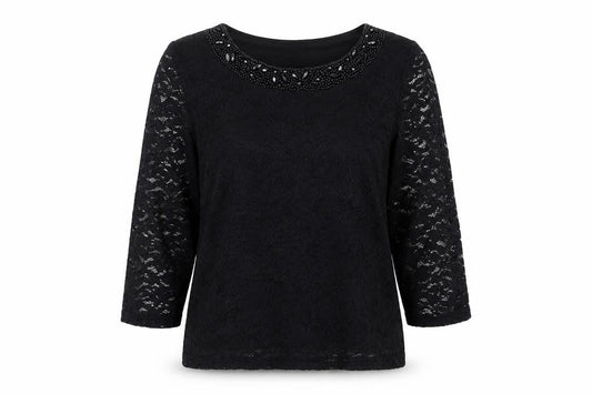 Front view of Roman Women's Black Lace Top with Beaded Neckline