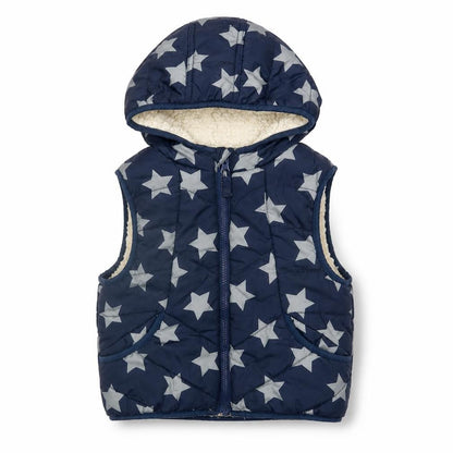 Front view of boys’ blue hooded star puffer jacket 4-5 years, polyester, casual