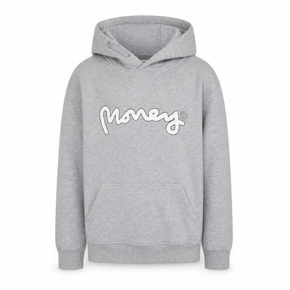 Front view of Money boys’ grey hoodie - casual graphic pullover, size 8-9, years